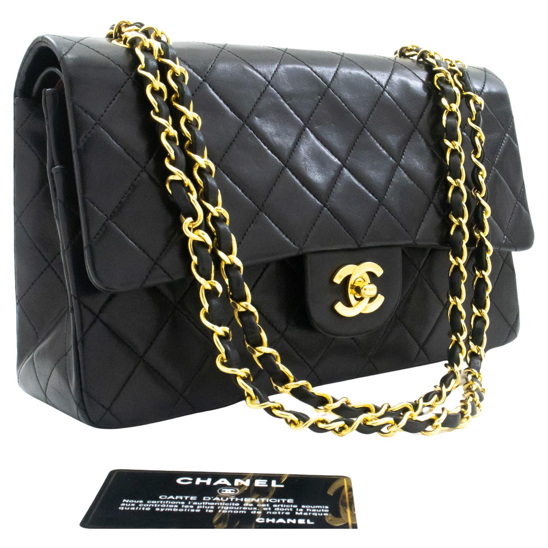 CHANEL Classic Double Flap 10" Chain Shoulder Bag Lambskin Black