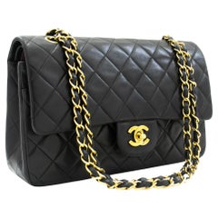 CHANEL Classic Double Flap 10" Chain Shoulder Bag Lambskin Black