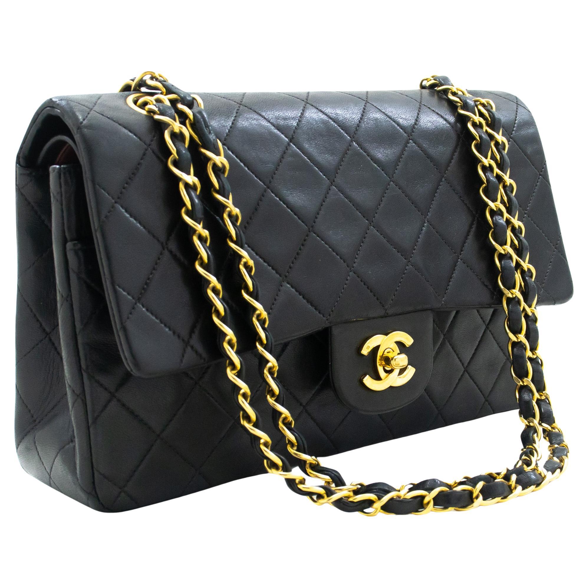 CHANEL Classic Double Flap 10" Chain Shoulder Bag Lambskin Black