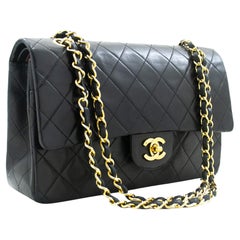 CHANEL Classic Double Flap 10" Chain Shoulder Bag Lambskin Black