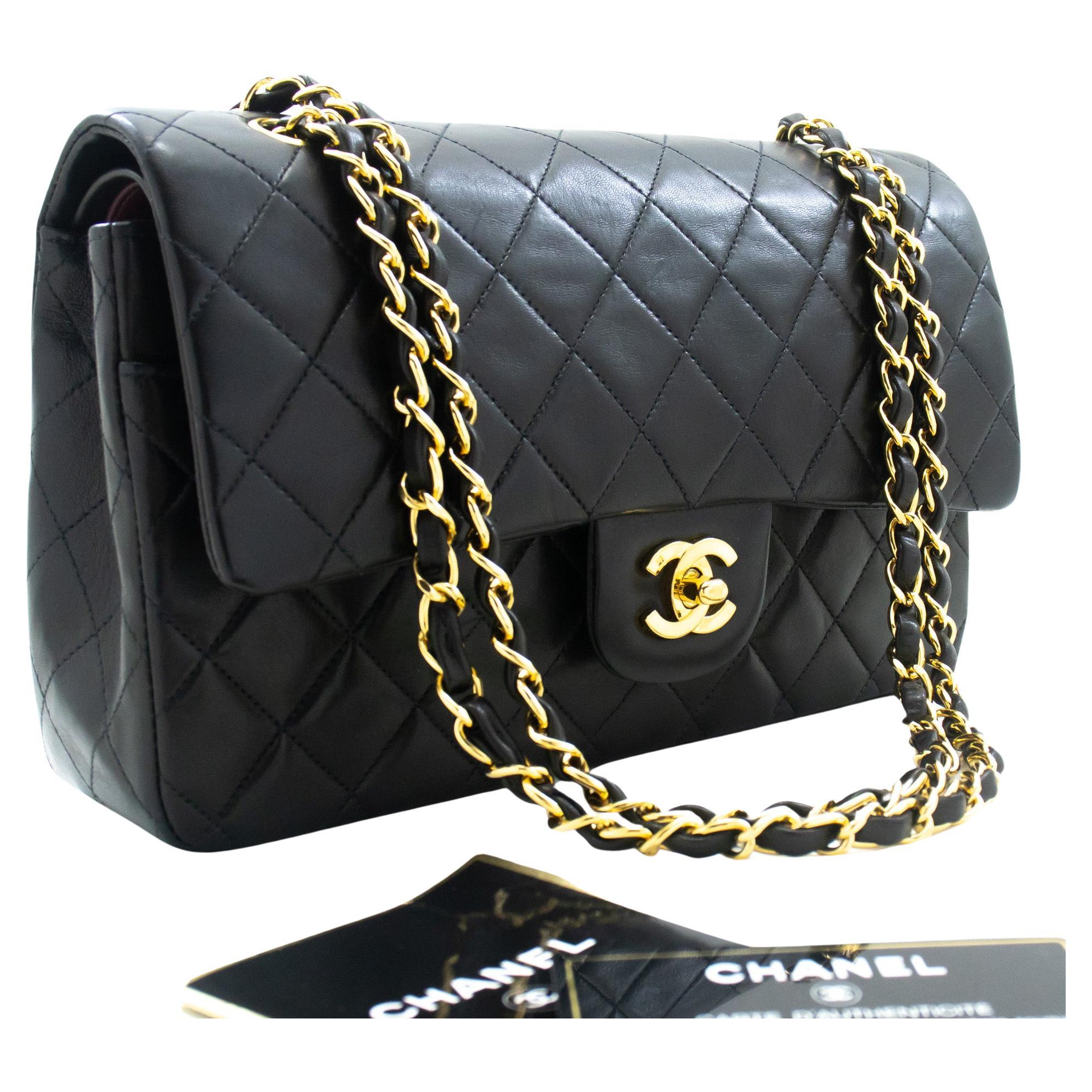 CHANEL Classic Double Flap 10" Chain Shoulder Bag Lambskin Black