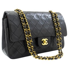 Used CHANEL Classic Double Flap 10" Chain Shoulder Bag Lambskin Black