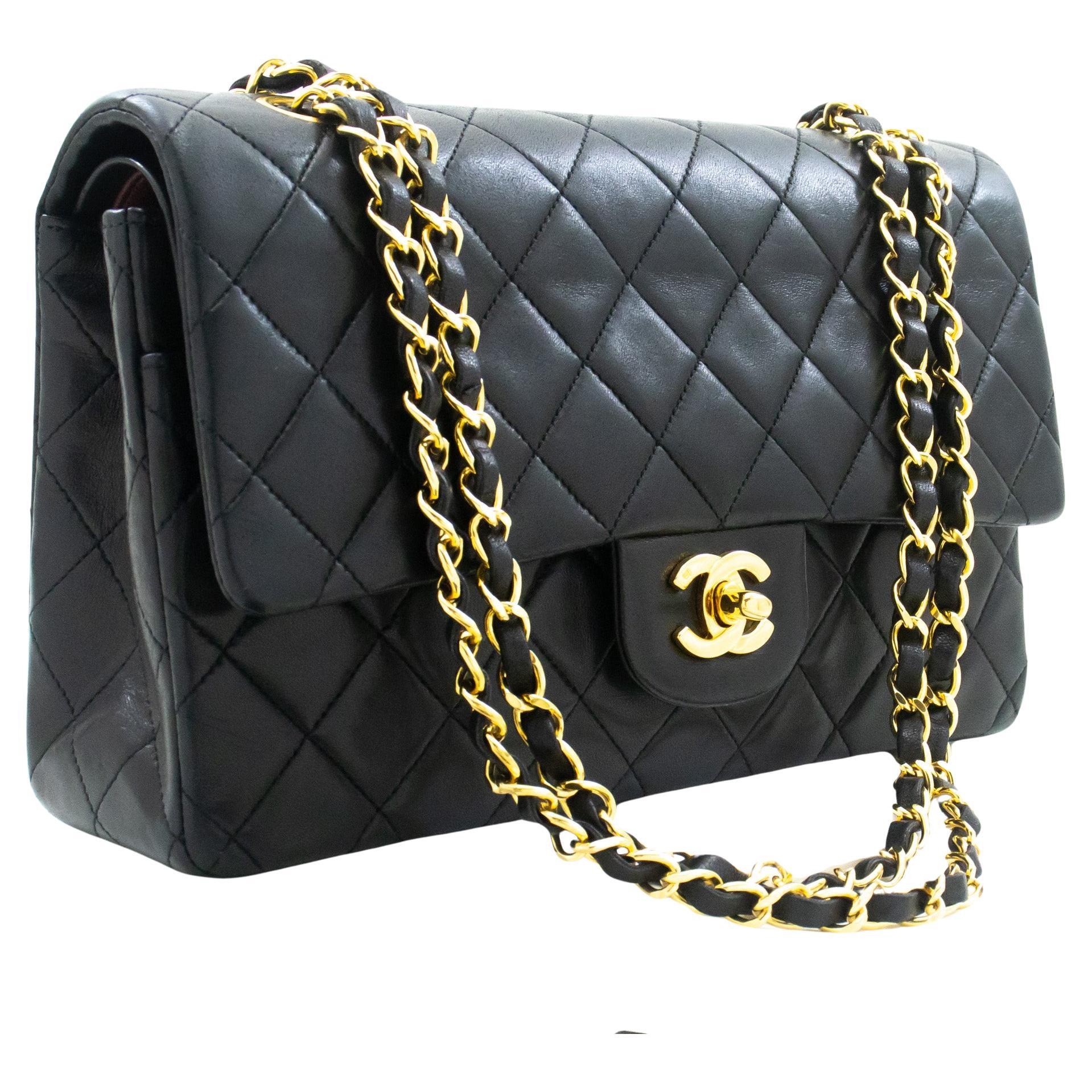 CHANEL Classic Double Flap 10" Chain Shoulder Bag Lambskin Black