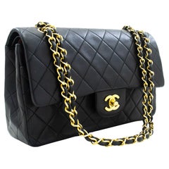 Retro CHANEL Classic Double Flap 10" Chain Shoulder Bag Lambskin Black