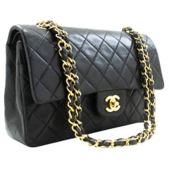 Vintage CHANEL Classic Double Flap 10" Chain Shoulder Bag Lambskin Black