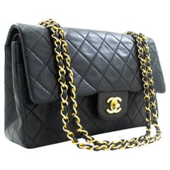 CHANEL Classic Double Flap 10" Chain Shoulder Bag Lambskin Black