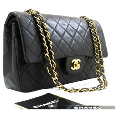 CHANEL Classic Double Flap 10" Chain Shoulder Bag Lambskin Black