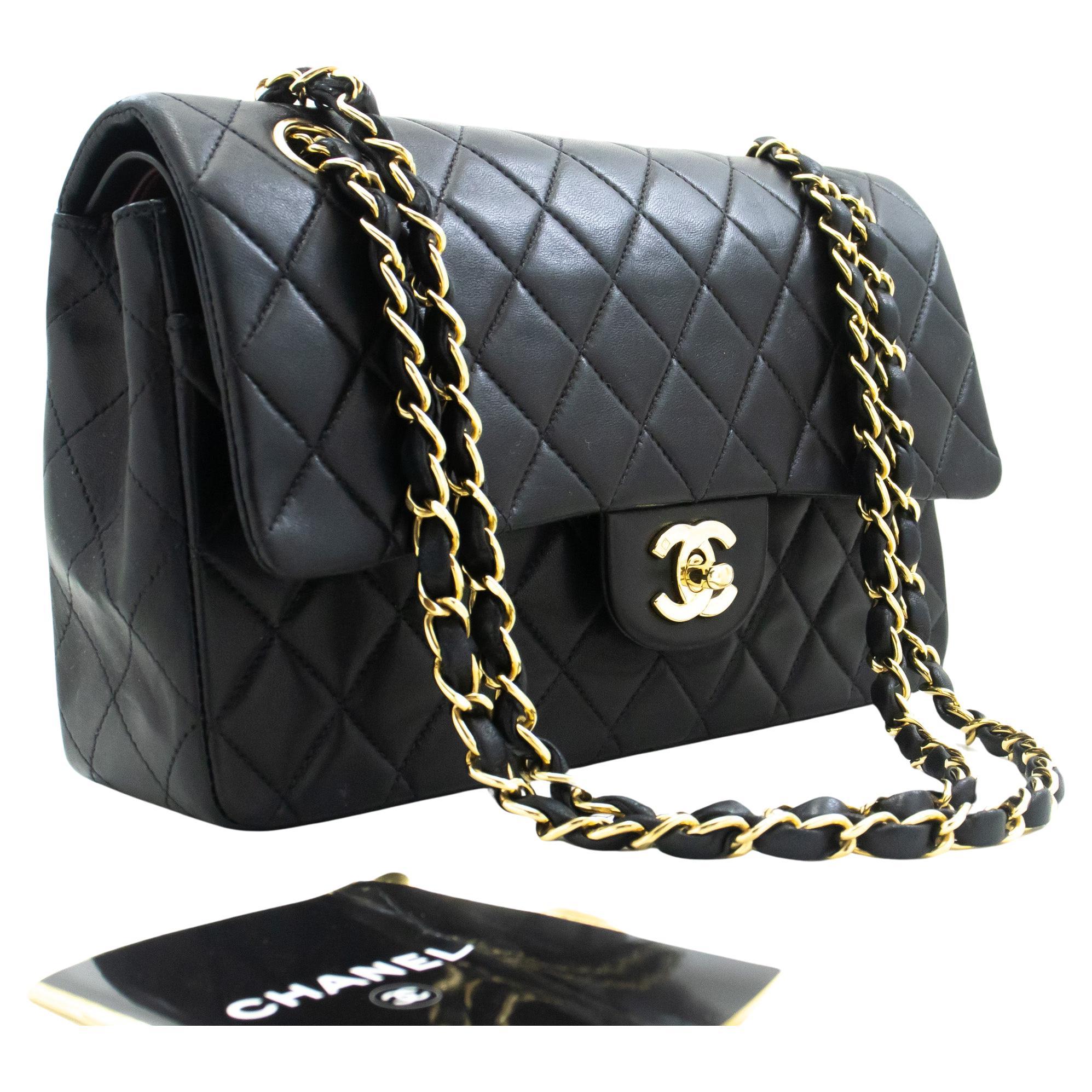 CHANEL Classic Double Flap 10" Chain Shoulder Bag Lambskin Black For Sale