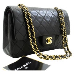 Vintage CHANEL Classic Double Flap 10" Chain Shoulder Bag Lambskin Black