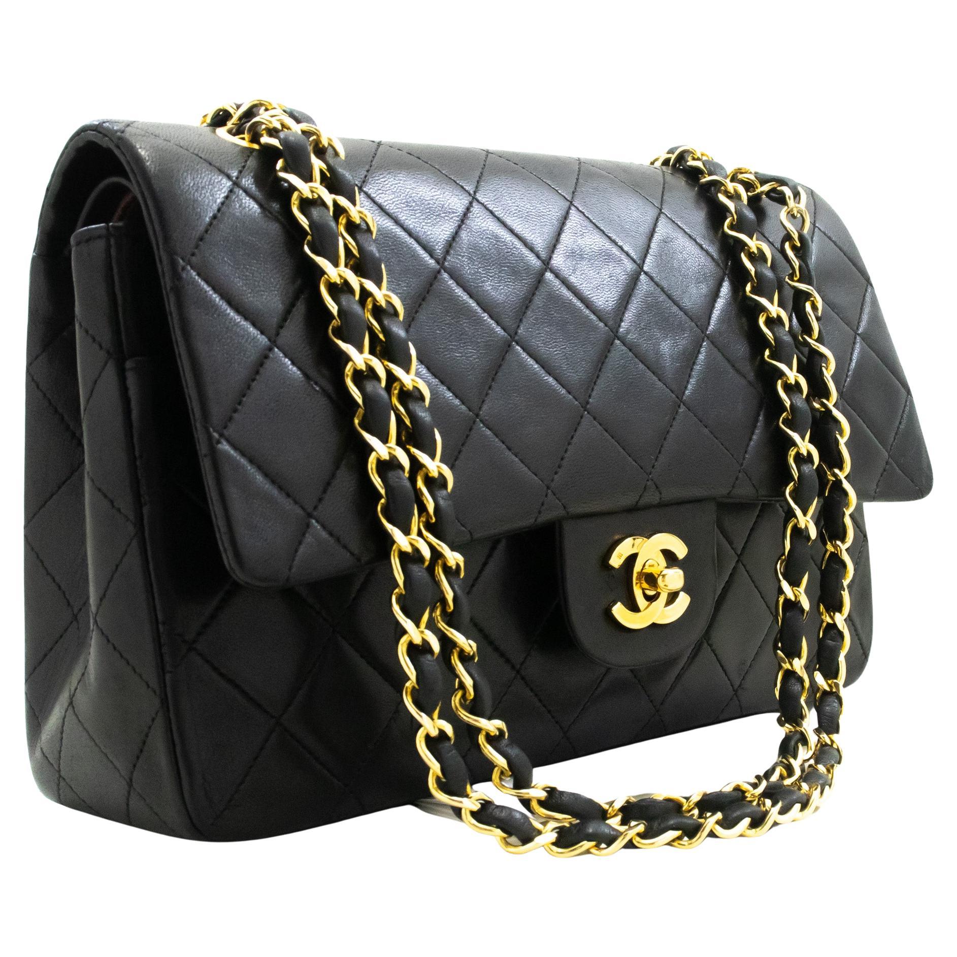 CHANEL Classic Double Flap 10" Chain Shoulder Bag Lambskin Black For Sale
