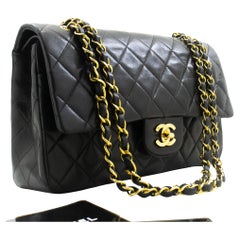 Vintage CHANEL Classic Double Flap 10" Chain Shoulder Bag Lambskin Black
