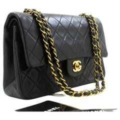 Vintage CHANEL Classic Double Flap 10" Chain Shoulder Bag Lambskin Black