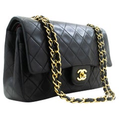Vintage CHANEL Classic Double Flap 10" Chain Shoulder Bag Lambskin Black