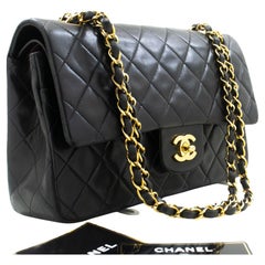 CHANEL Classic Double Flap 10" Chain Shoulder Bag Lambskin Black