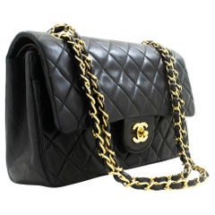 Vintage CHANEL Classic Double Flap 10" Chain Shoulder Bag Lambskin Black