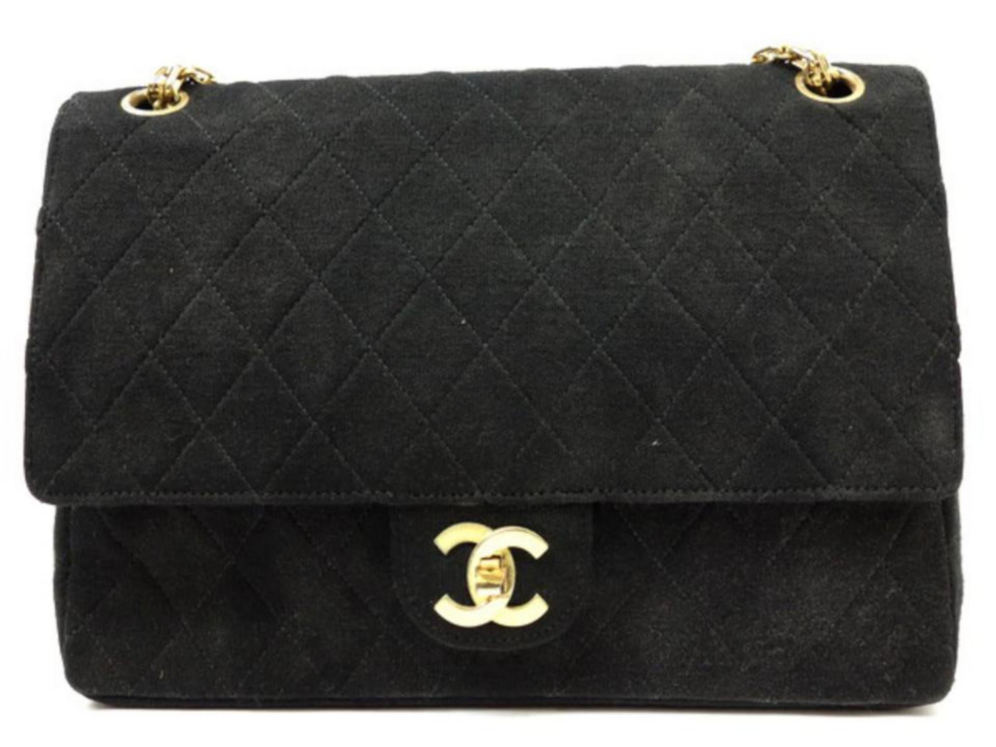 Chanel Classic Double Flap 224140 Black Quilted Cotton Jersey Shoulder Bag For Sale 2