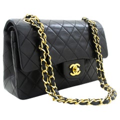 Used CHANEL Classic Double Flap 9" Chain Shoulder Bag Lambskin Black