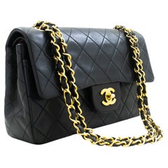 Vintage CHANEL Classic Double Flap 9" Chain Shoulder Bag Lambskin Black