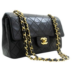 Vintage CHANEL Classic Double Flap 9" Chain Shoulder Bag Lambskin Black