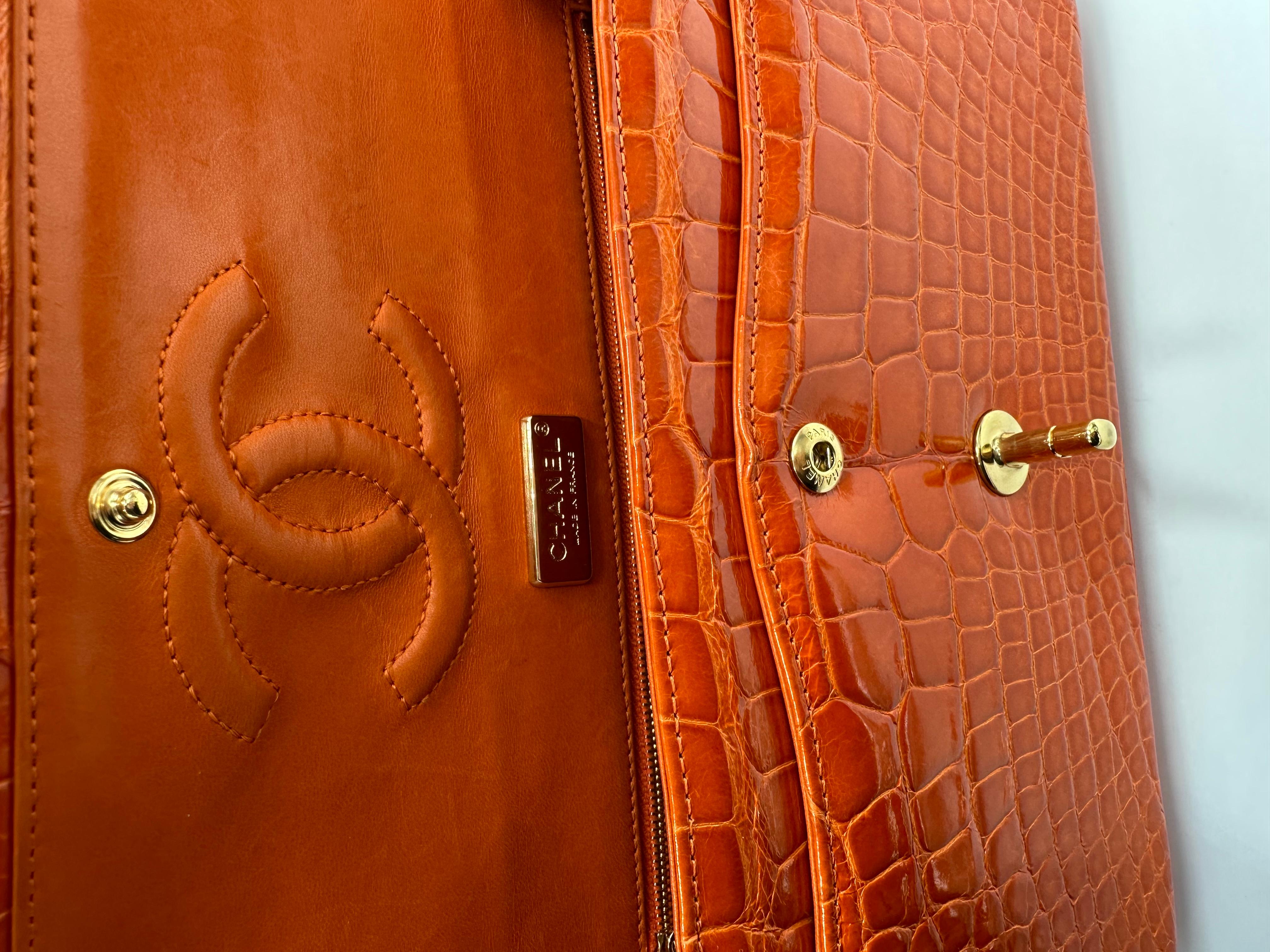 Chanel Classic Double Flap Alligator Shiny Orange Gold hardware B In Excellent Condition In London, England