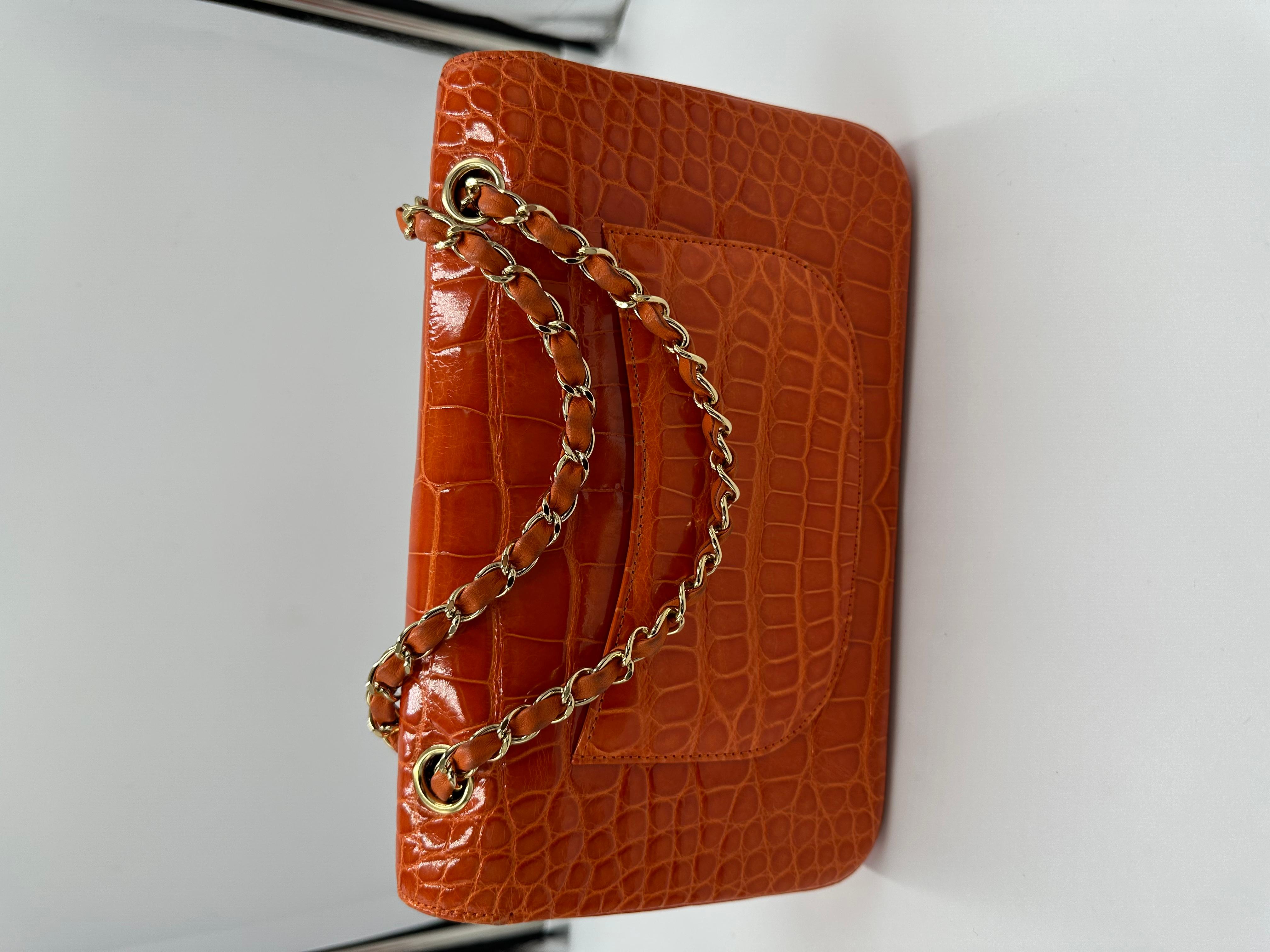 Women's or Men's Chanel Classic Double Flap Alligator Shiny Orange Gold hardware B