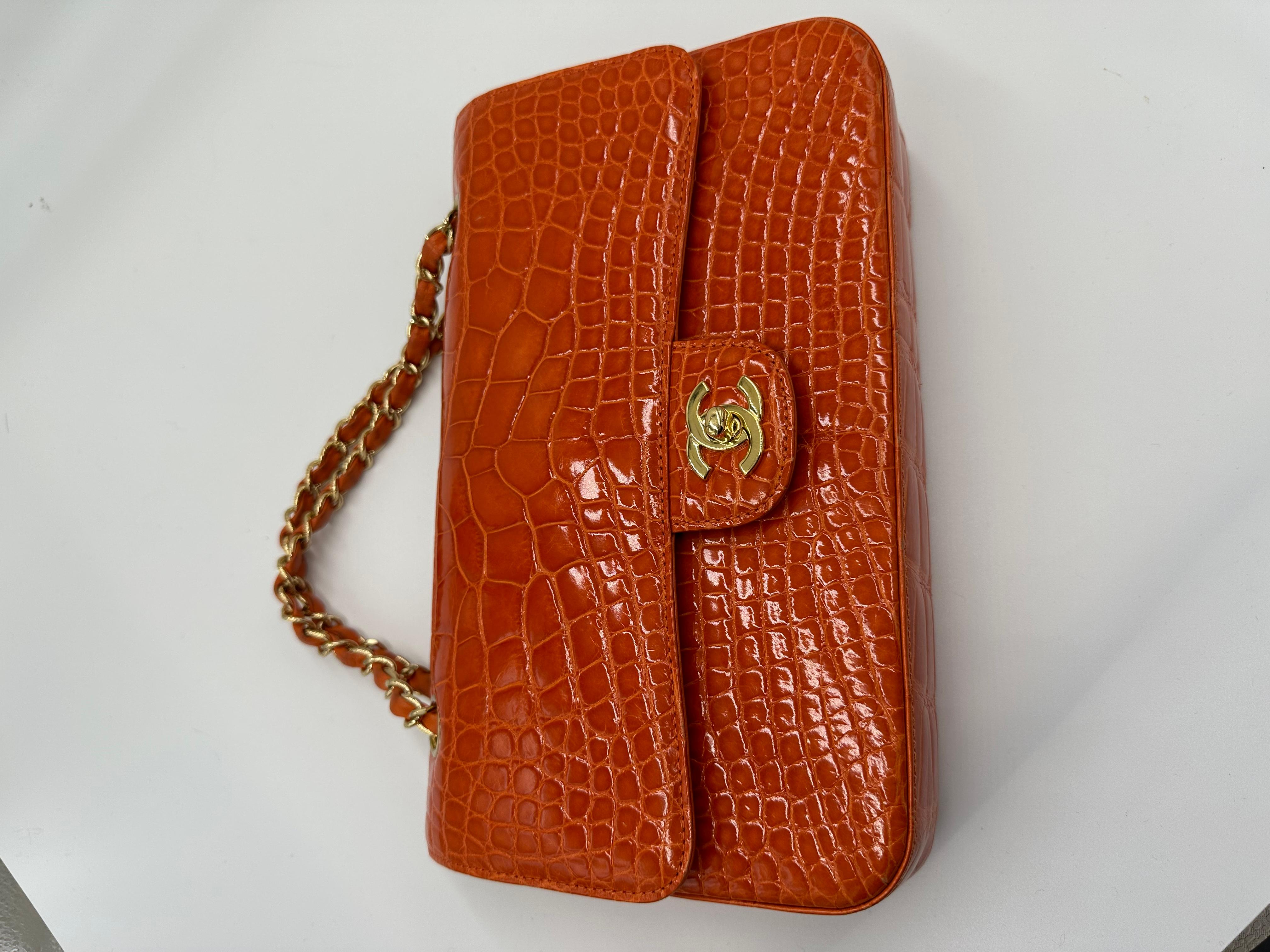 Chanel Classic Double Flap Alligator Shiny Orange Gold hardware B 4