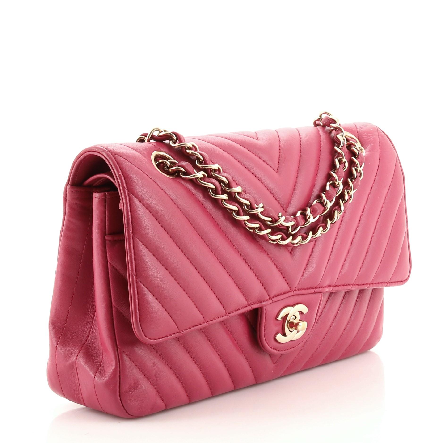 Pink Chanel Classic Double Flap Bag Chevron Lambskin Medium
