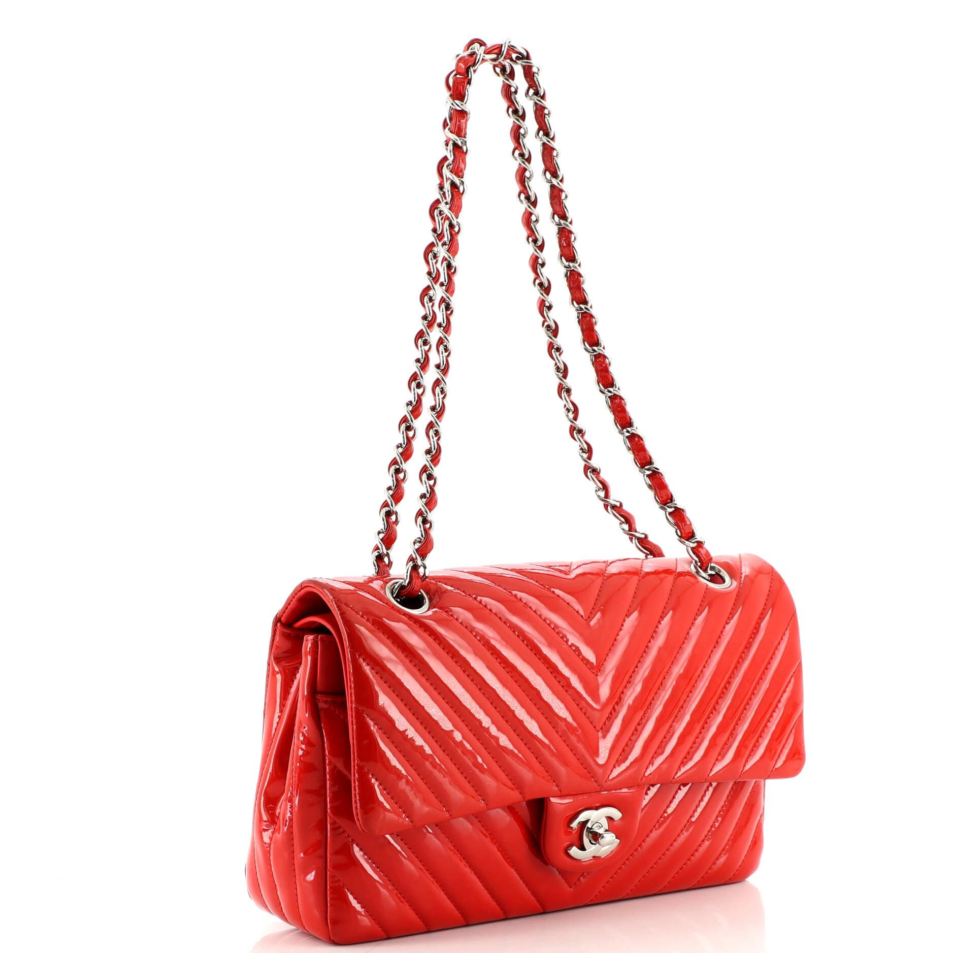 Red Chanel Classic Double Flap Bag Chevron Patent Medium