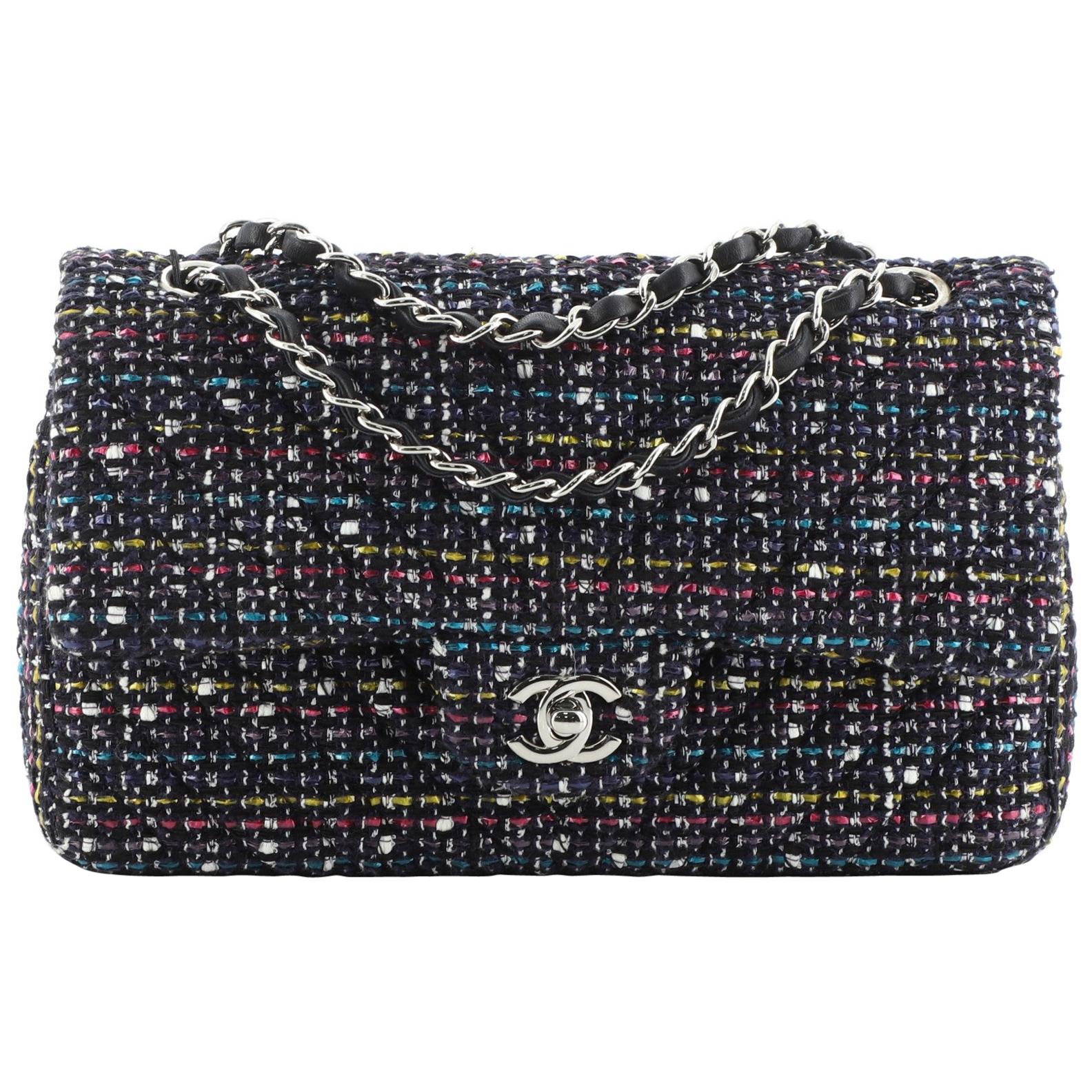 Chanel Classic Double Flap Bag Chevron Tweed Medium
