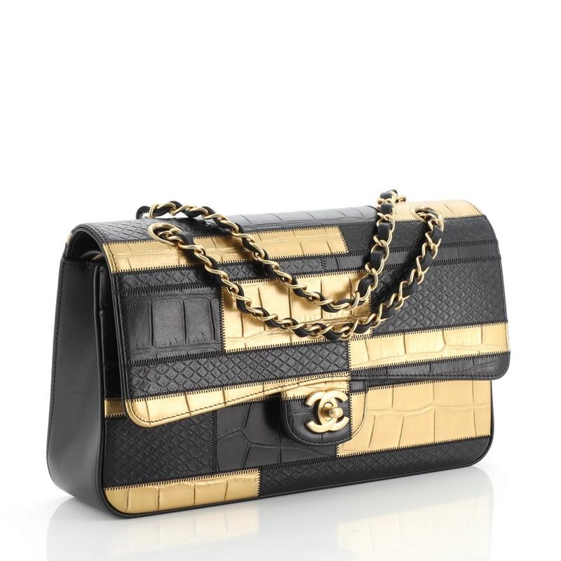Nero Borsa Chanel Classic con doppia patta in pelle di vitello patchwork goffrata con coccodrillo e pitone