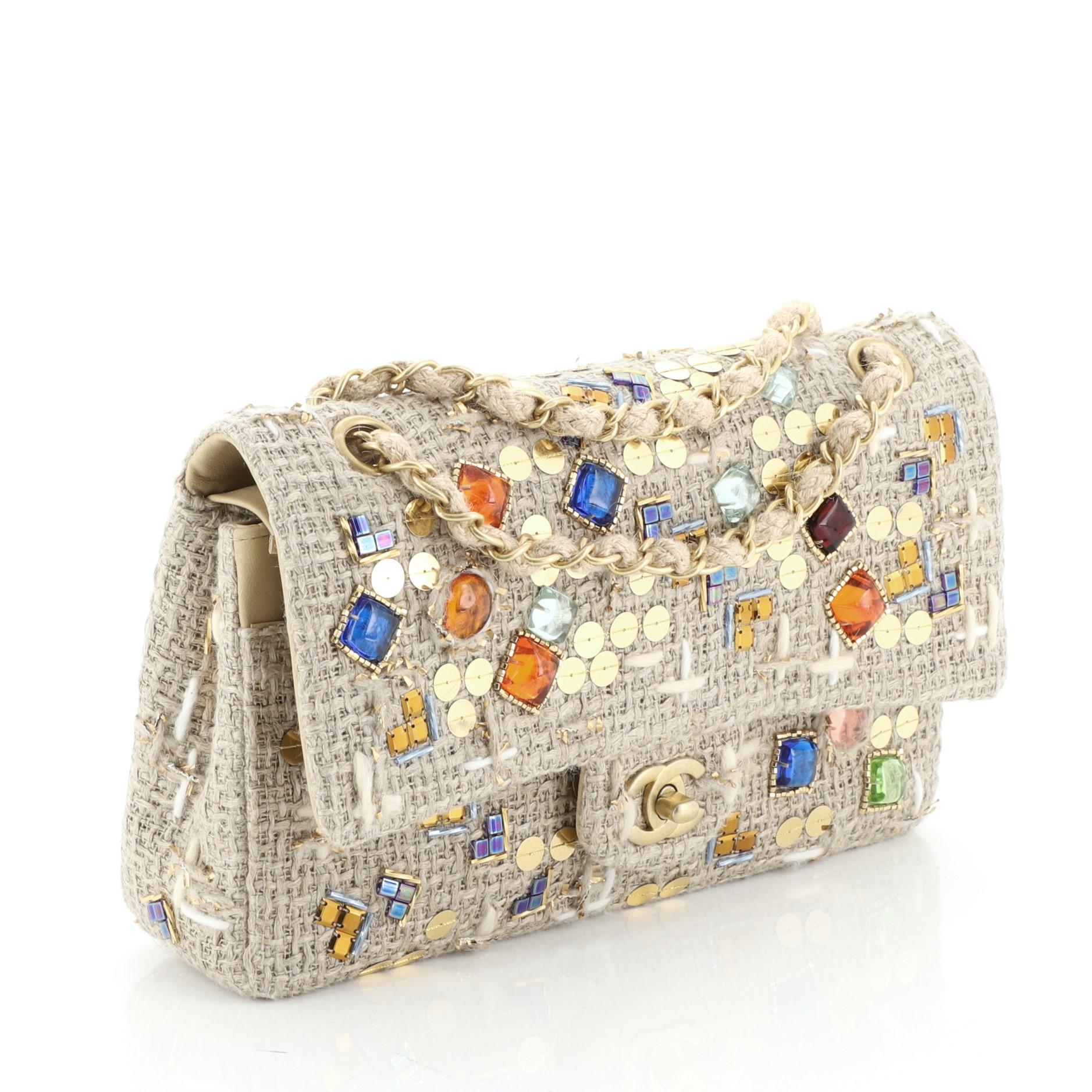 Beige Chanel Classic Double Flap Bag Embellished Woven Raffia Medium 