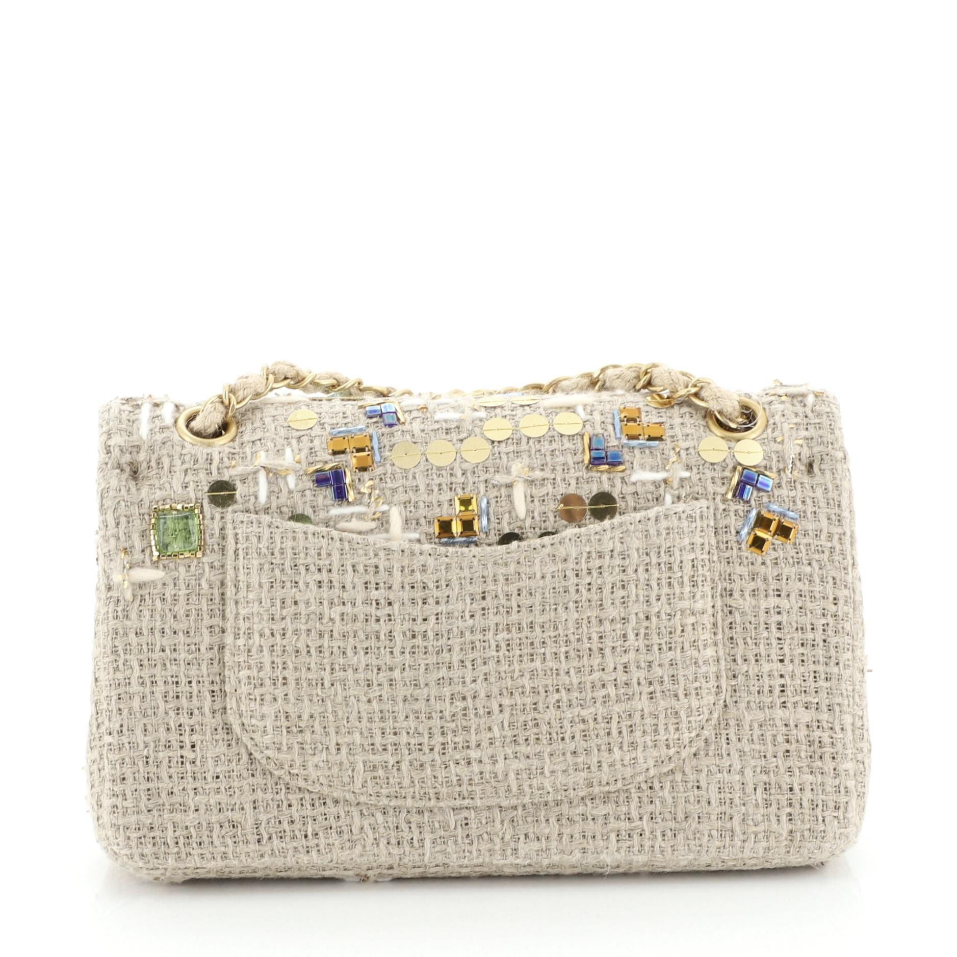 Chanel Classic Double Flap Bag Embellished Woven Raffia Medium  In Good Condition In NY, NY