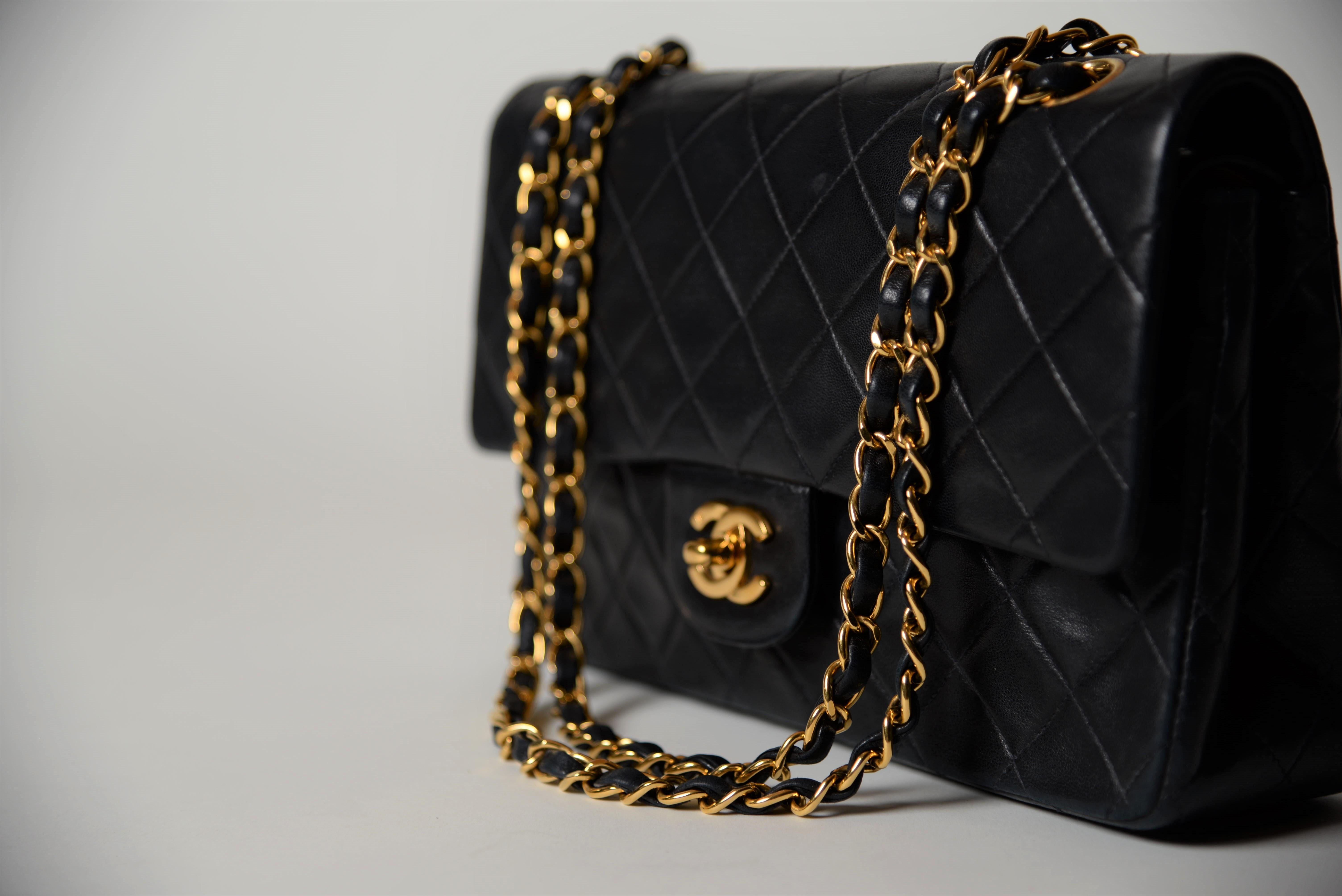 Women's or Men's Chanel Classic Double Flap Bag Medium Black Lambskin Full-Set