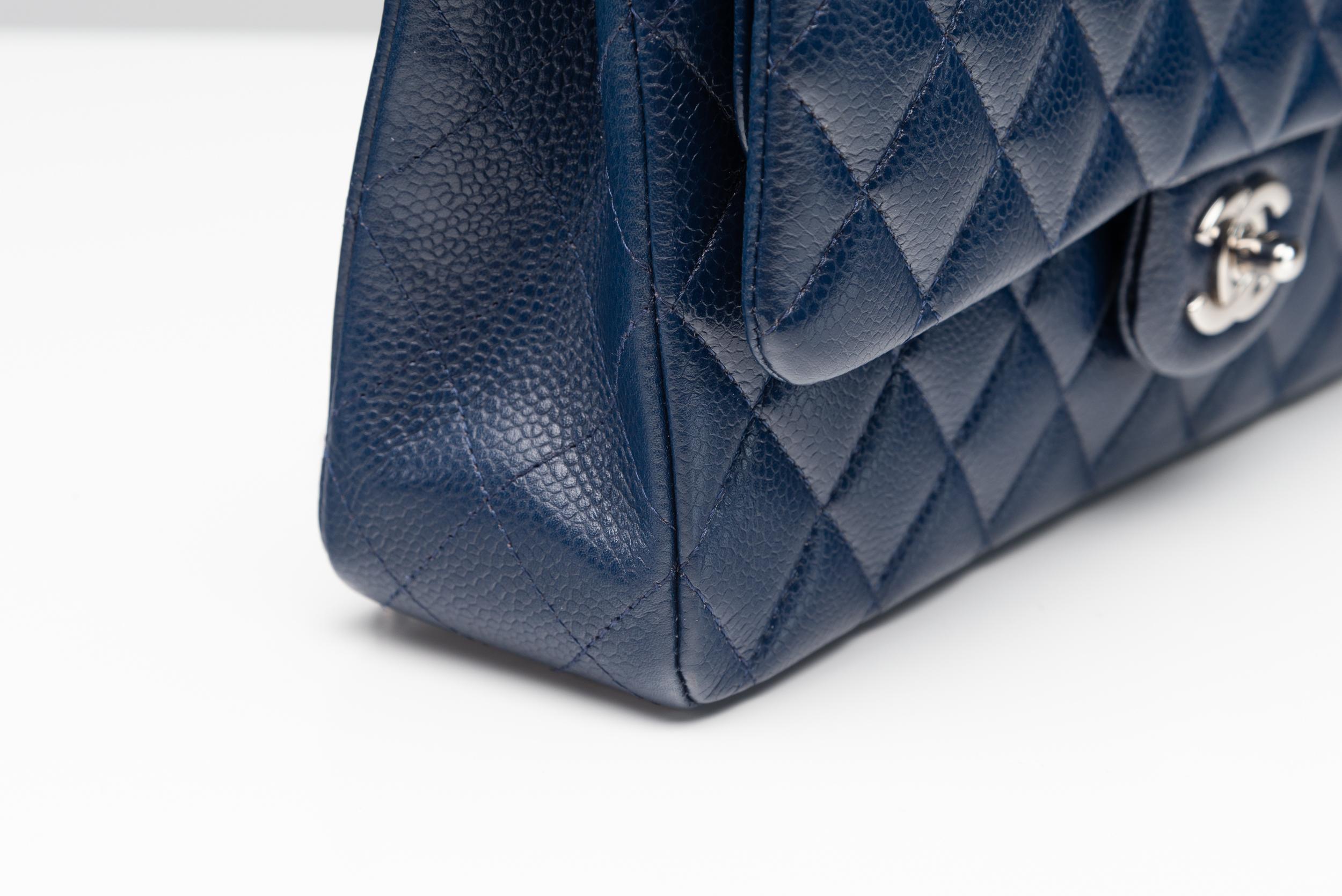 Chanel Classic Double Flap Bag Medium Caviar Navy Blue Silver Hardware 5