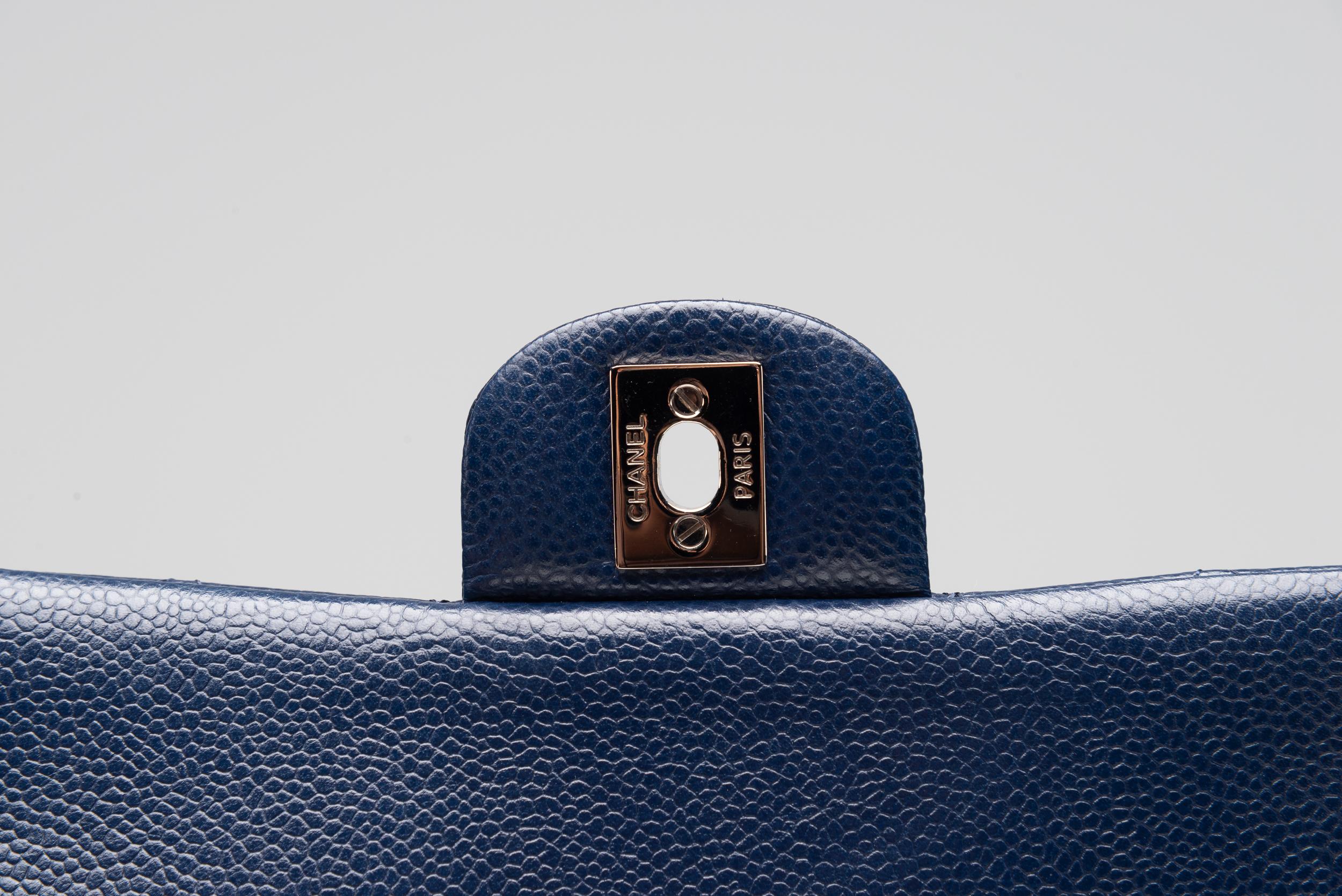Chanel Classic Double Flap Bag Medium Caviar Navy Blue Silver Hardware 6