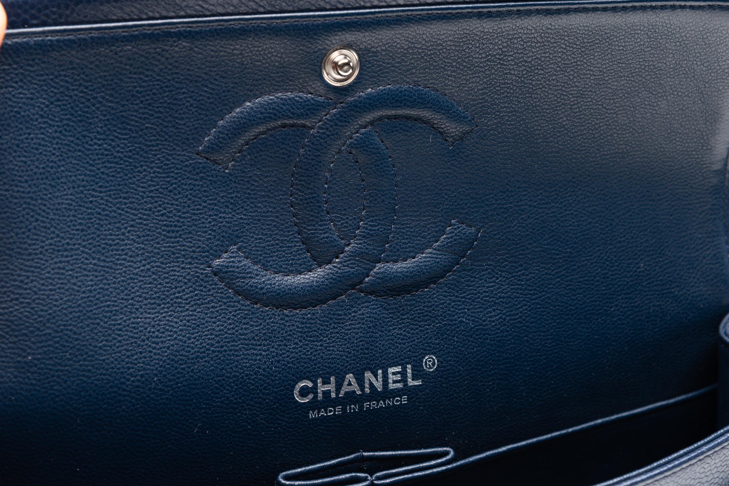 Chanel Classic Double Flap Bag Medium Caviar Navy Blue Silver Hardware 7