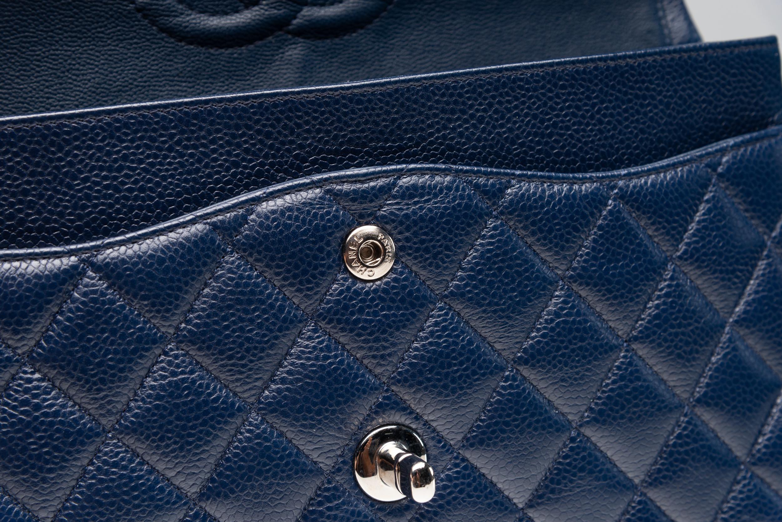 Chanel Classic Double Flap Bag Medium Caviar Navy Blue Silver Hardware 8