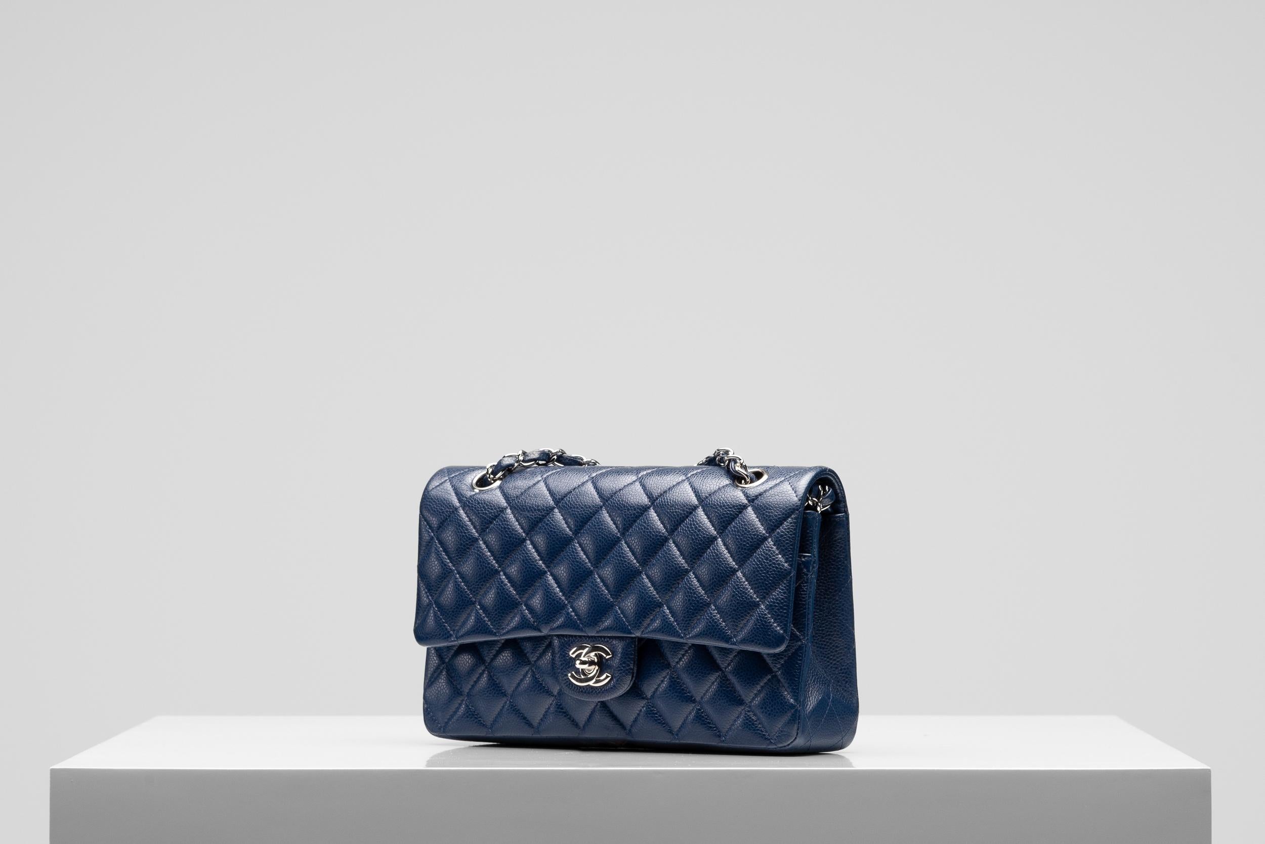 Women's or Men's Chanel Classic Double Flap Bag Medium Caviar Navy Blue Silver Hardware