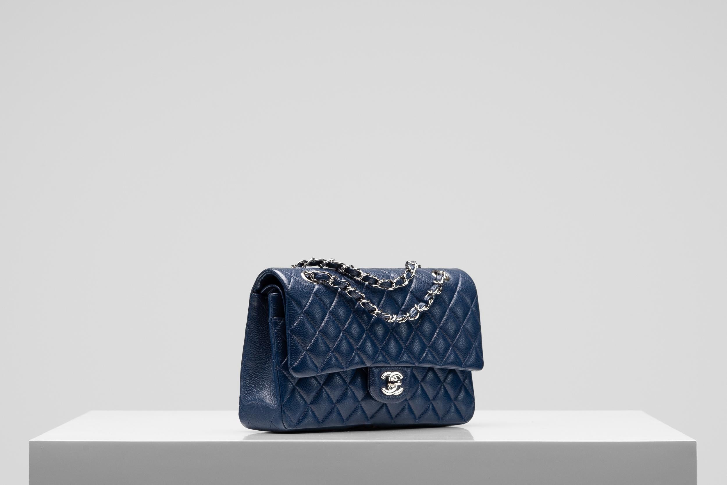 Chanel Classic Double Flap Bag Medium Caviar Navy Blue Silver Hardware 1