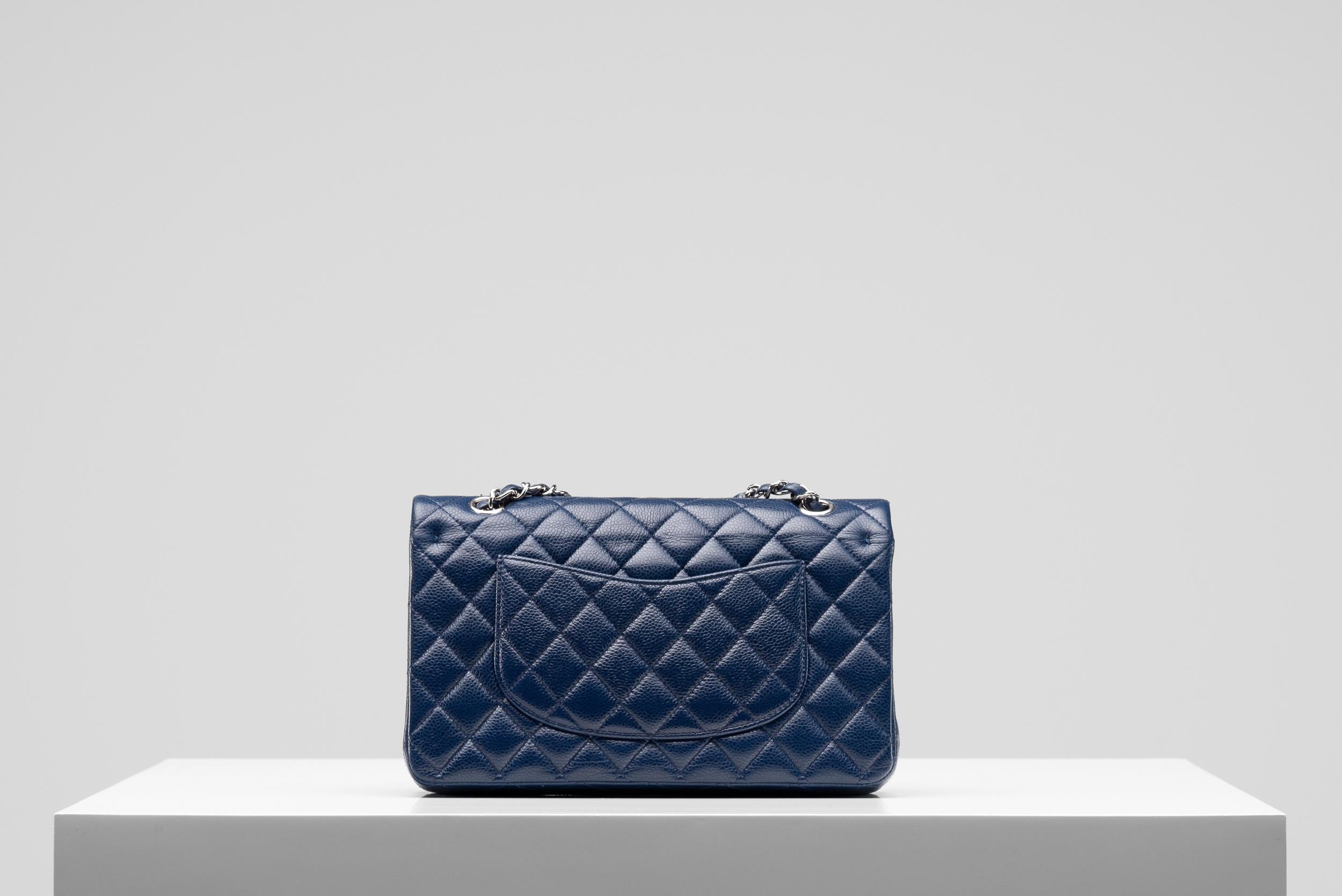 Chanel Classic Double Flap Bag Medium Caviar Navy Blue Silver Hardware 2
