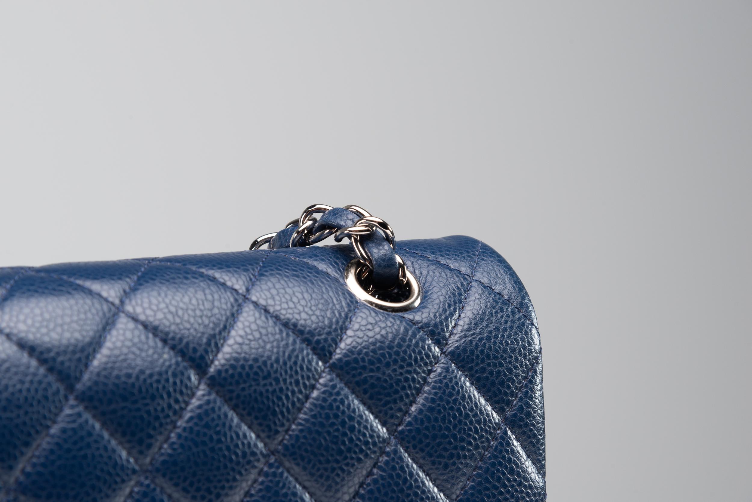 Chanel Classic Double Flap Bag Medium Caviar Navy Blue Silver Hardware 4
