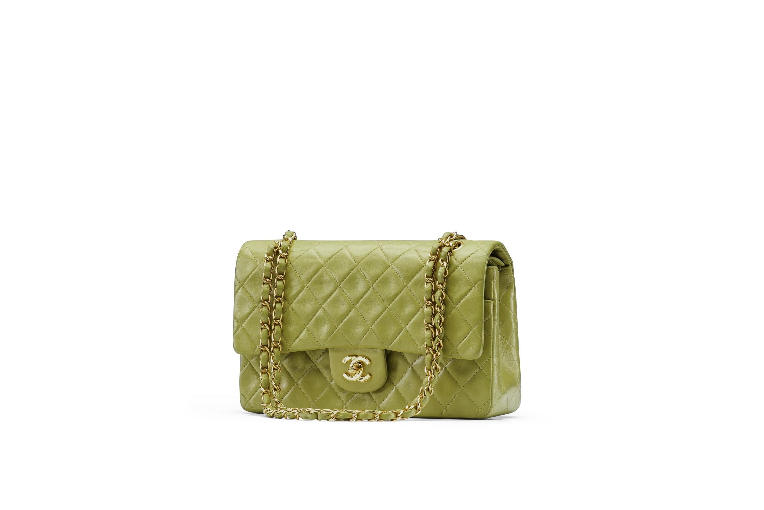 Brown Chanel Classic Double Flap Bag Medium Lime Gold Hardware RARE Vintage