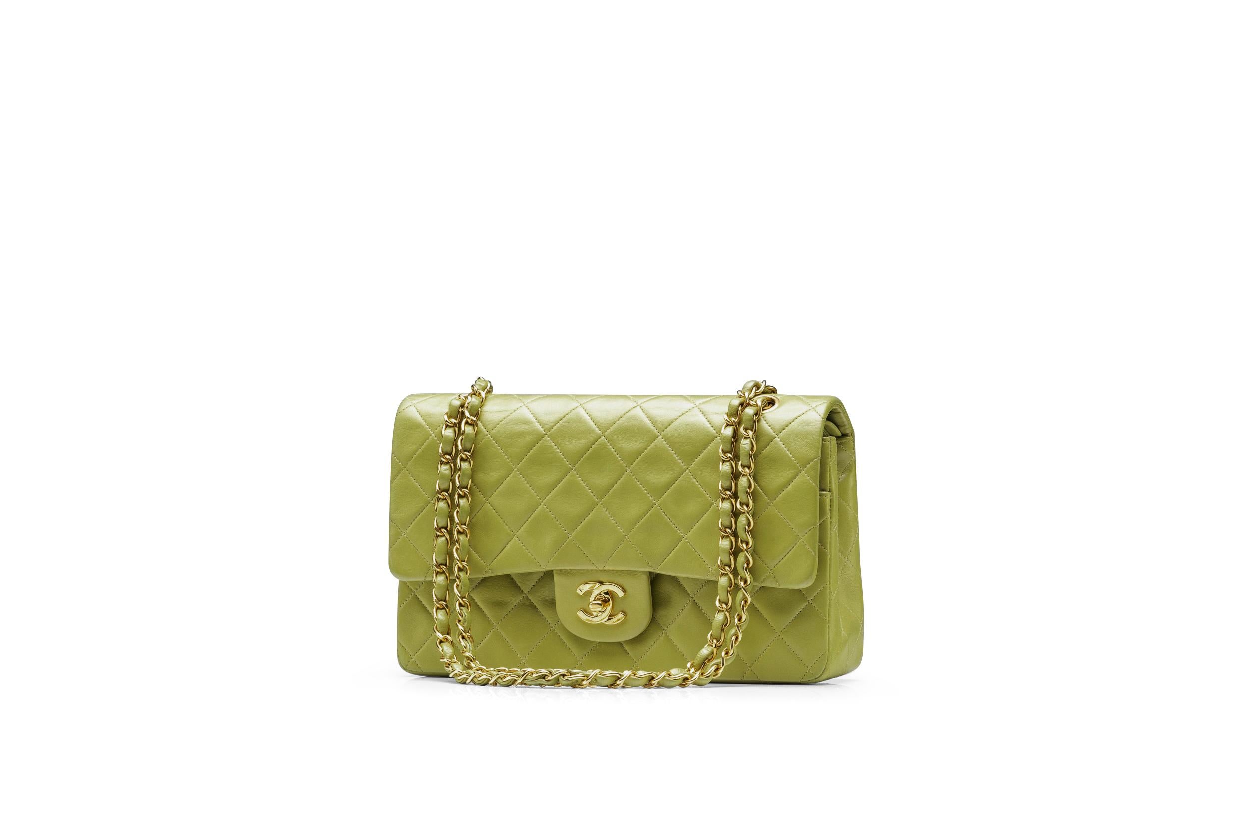 Women's or Men's Chanel Classic Double Flap Bag Medium Lime Gold Hardware RARE Vintage