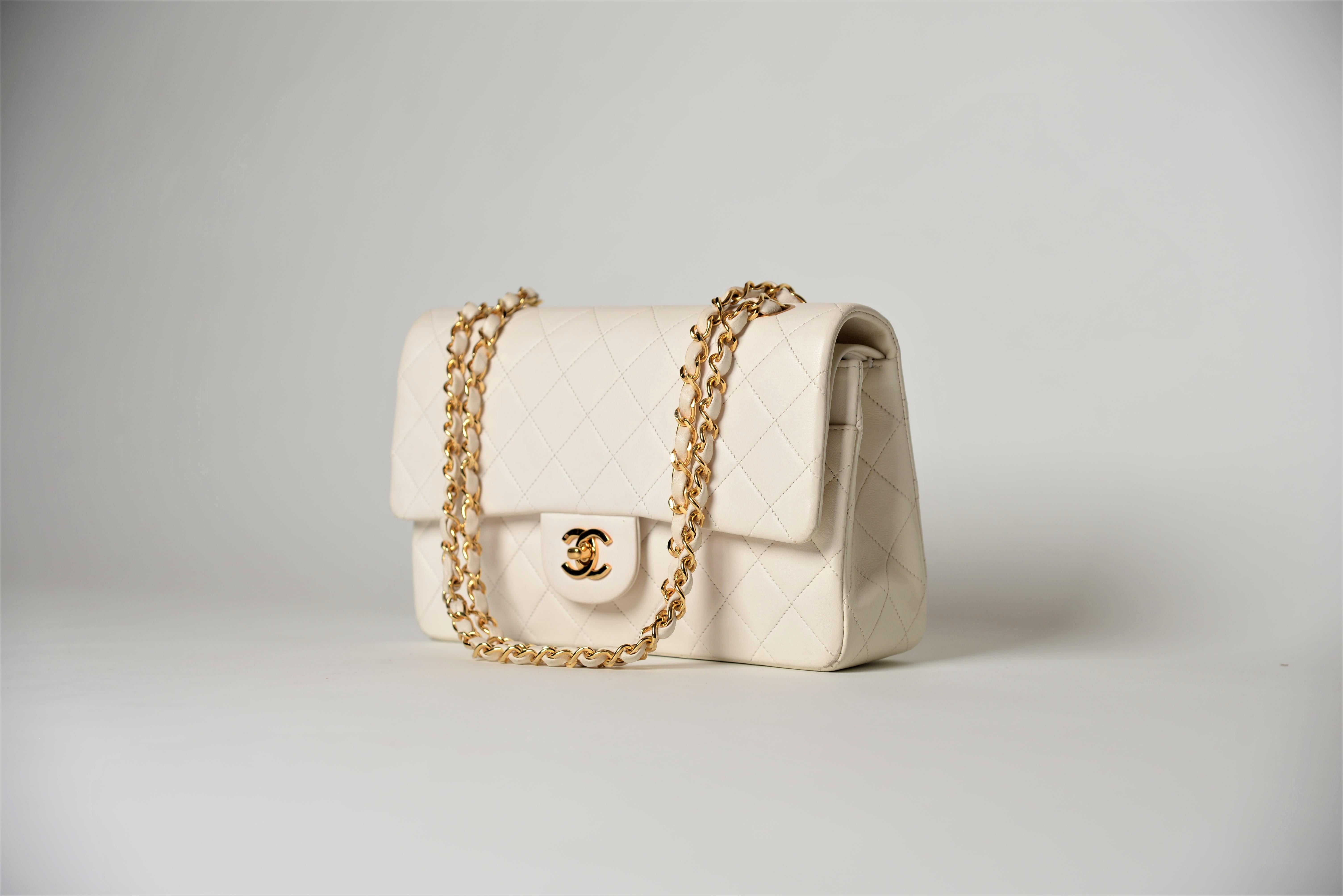 Women's Chanel Classic Double Flap Bag Medium White Lambskin 