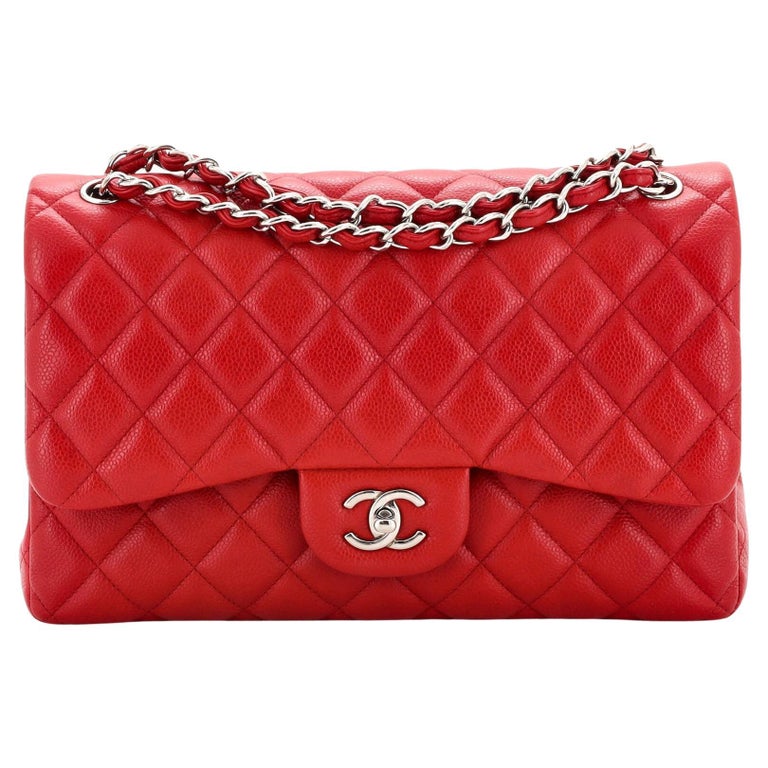 Chanel Red Quilted Shiny Caviar Jumbo Classic Double Flap Silver