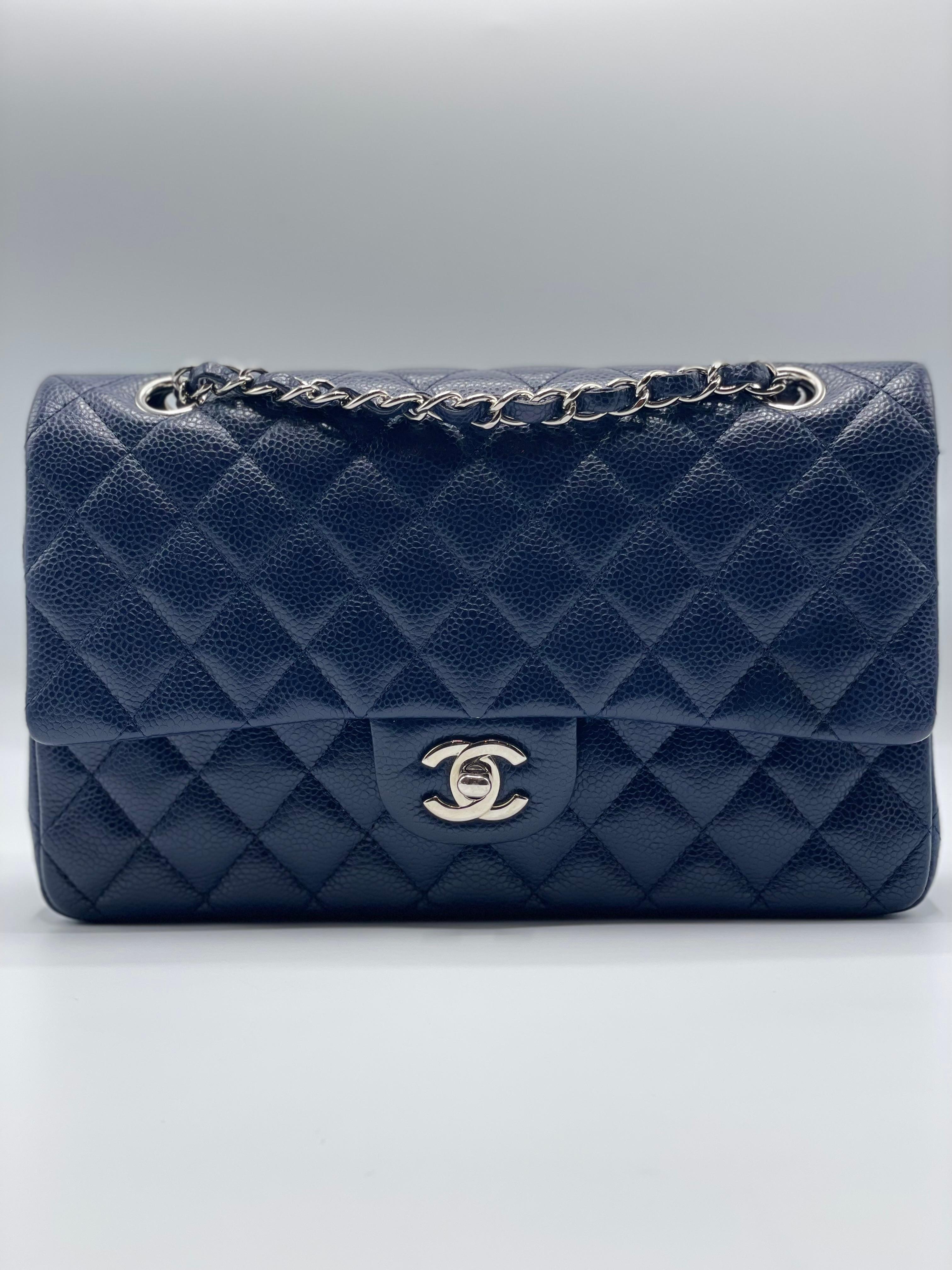 Purple Chanel Classic Double Flap Bag Quilted Caviar Navy  For Sale