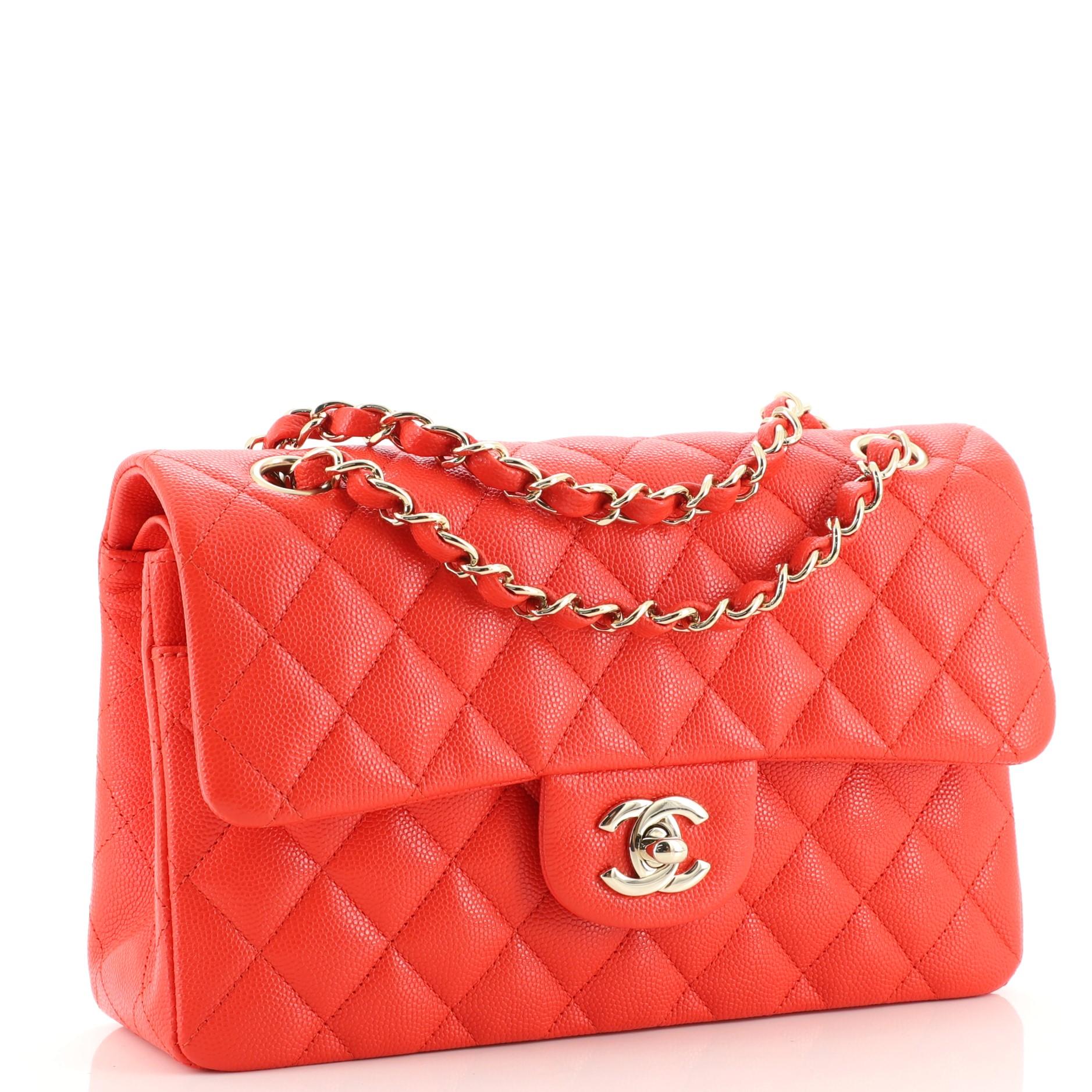 Red Chanel Classic Double Flap Bag Quilted Caviar Small