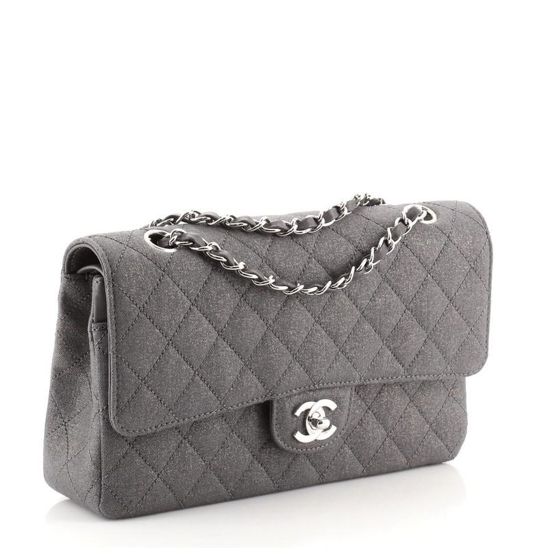 Chanel Classic Double Flap Tasche gesteppt Glitter Stoff Medium (Grau)