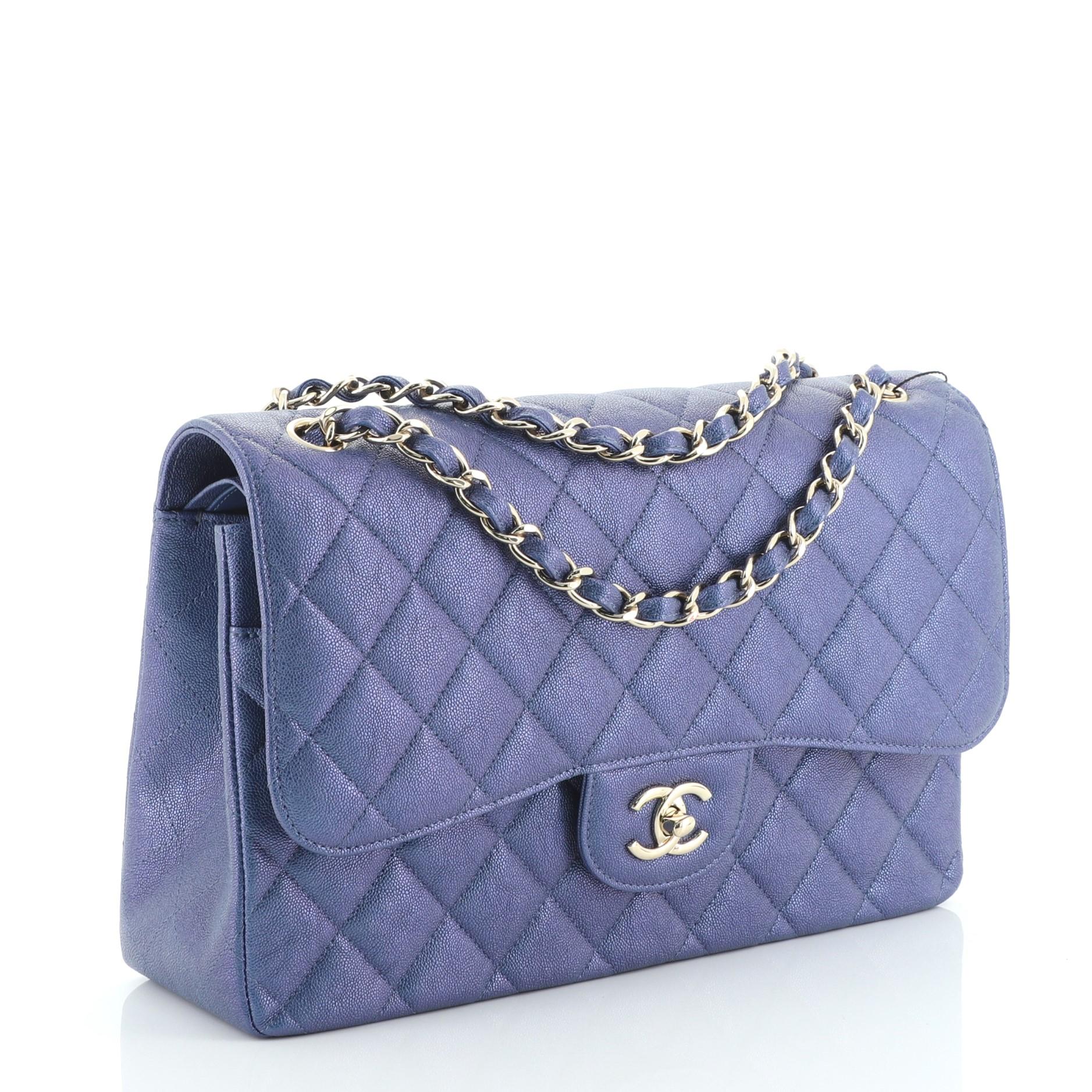 Purple Chanel Classic Double Flap Bag Quilted Iridescent Caviar Jumbo