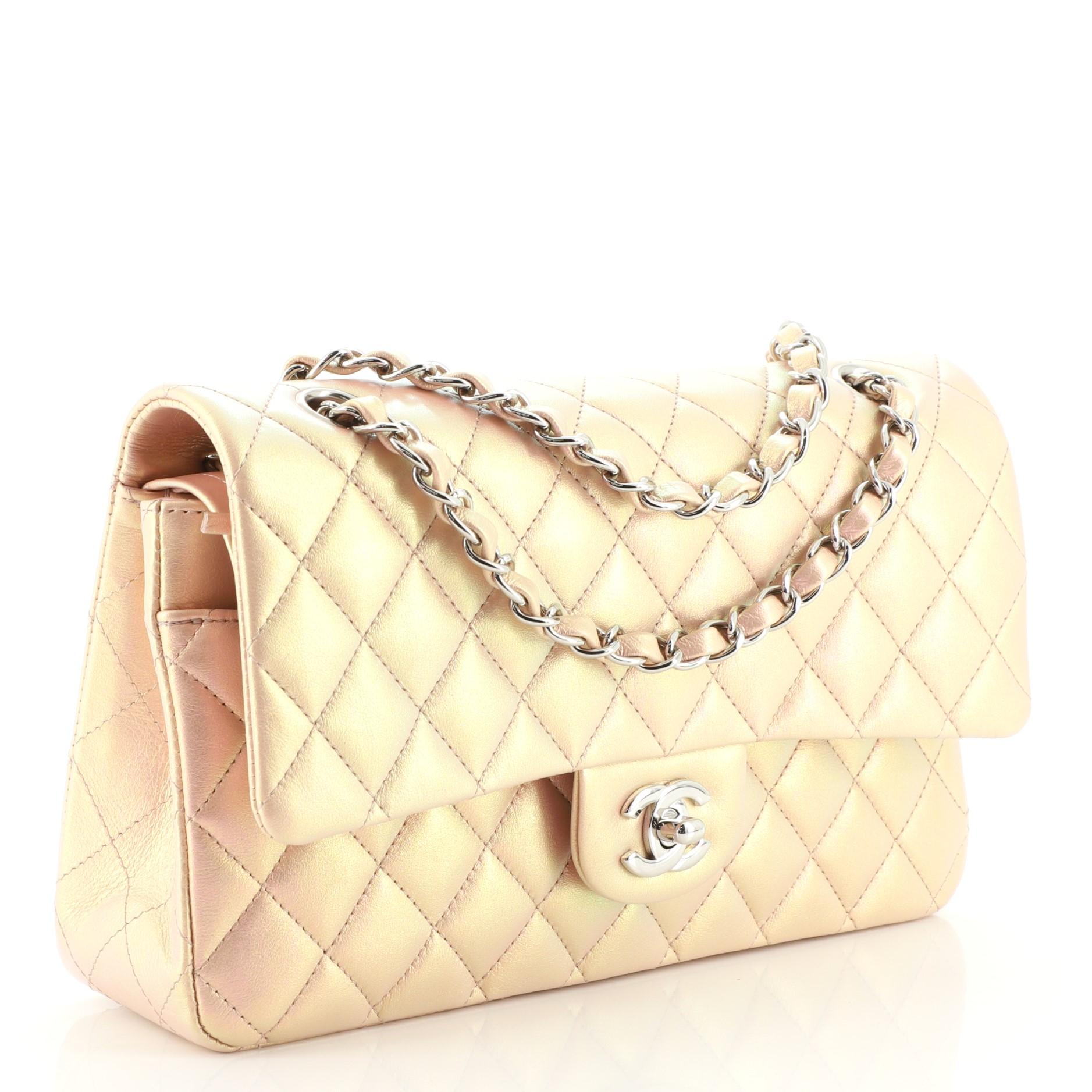 Beige Chanel Classic Double Flap Bag Quilted Iridescent Lambskin Medium